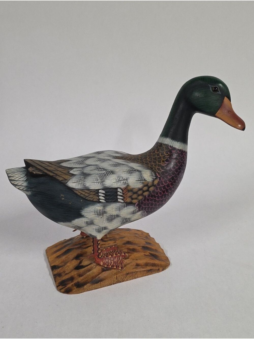 Vintage Wood-Carved Mallard Duck Drake On Stump Decorative Figurine 8.5"